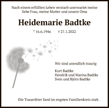 Traueranzeige von Heidemarie Badtke von FNP