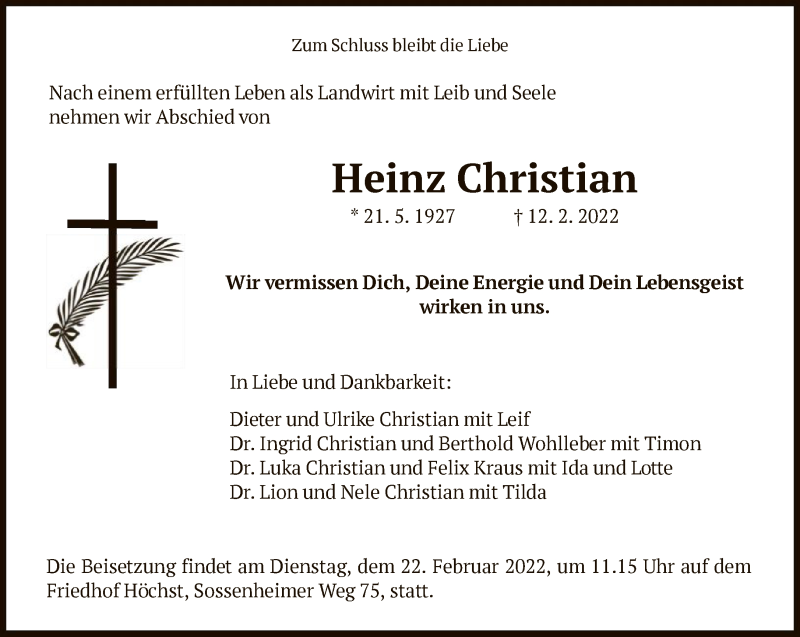  Traueranzeige für Heinz Christian vom 17.02.2022 aus FNP