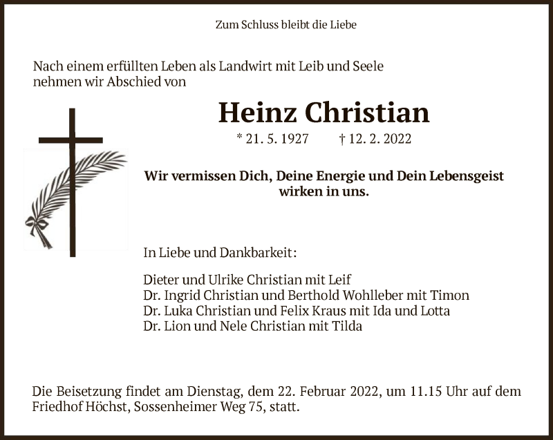  Traueranzeige für Heinz Christian vom 19.02.2022 aus FNP