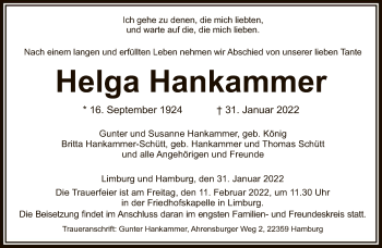 Traueranzeige von Helga Hankammer von FNP