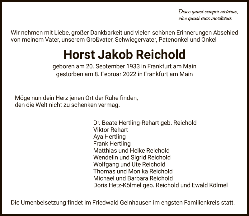  Traueranzeige für Horst Jakob vom 19.02.2022 aus FNP