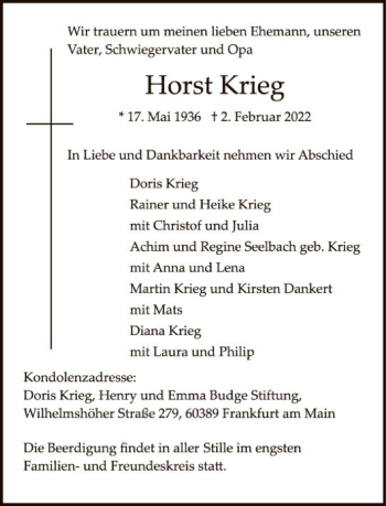 Traueranzeige von Horst Krieg von FNP