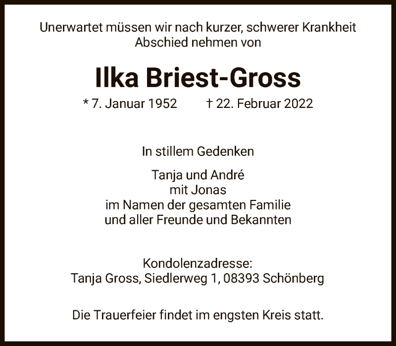  Traueranzeige für Ilka Briest-Gross vom 26.02.2022 aus FNP