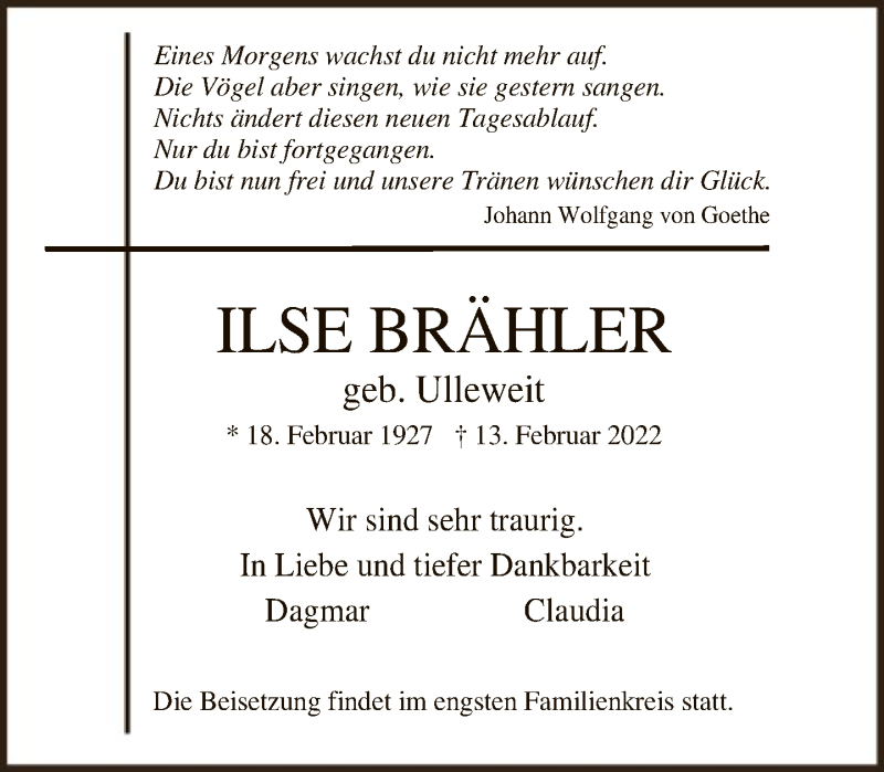  Traueranzeige für Ilse Brähler vom 19.02.2022 aus FNP