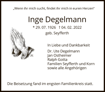 Traueranzeige von Inge Degelmann von FNP