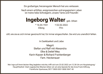 Traueranzeige von Ingeborg Walter von FNP