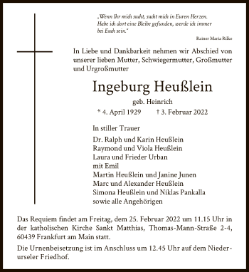 Traueranzeige von Ingeburg Heußlein von FNP