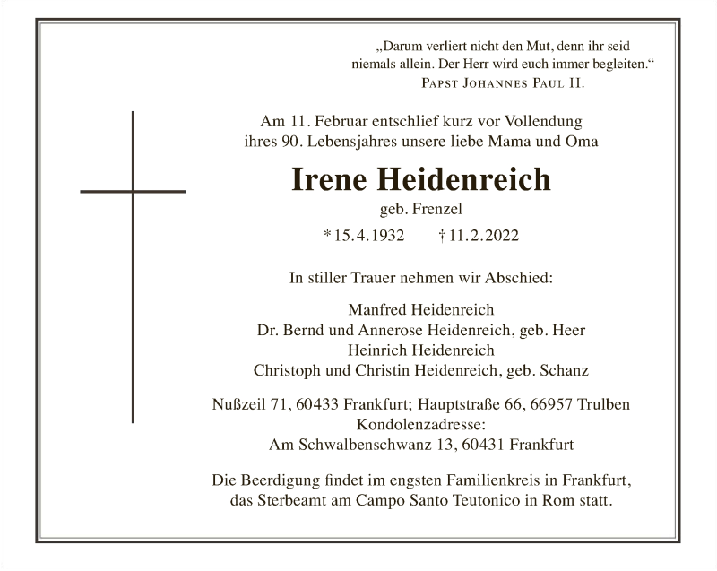  Traueranzeige für Irene Heidenreich vom 19.02.2022 aus FNP