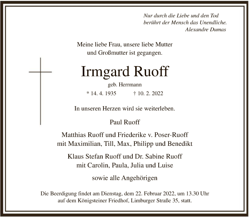  Traueranzeige für Irmgard Ruoff vom 19.02.2022 aus FNP