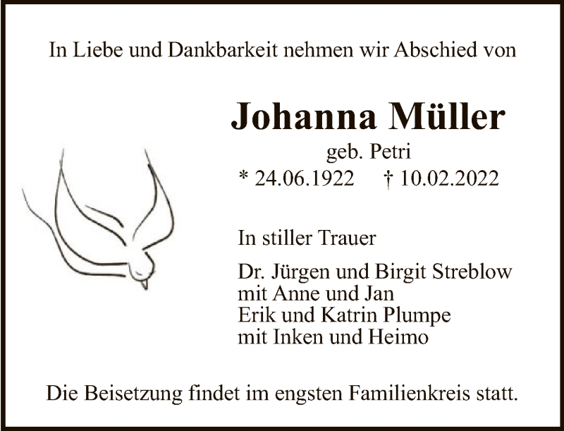  Traueranzeige für Johanna Müller vom 19.02.2022 aus FNP