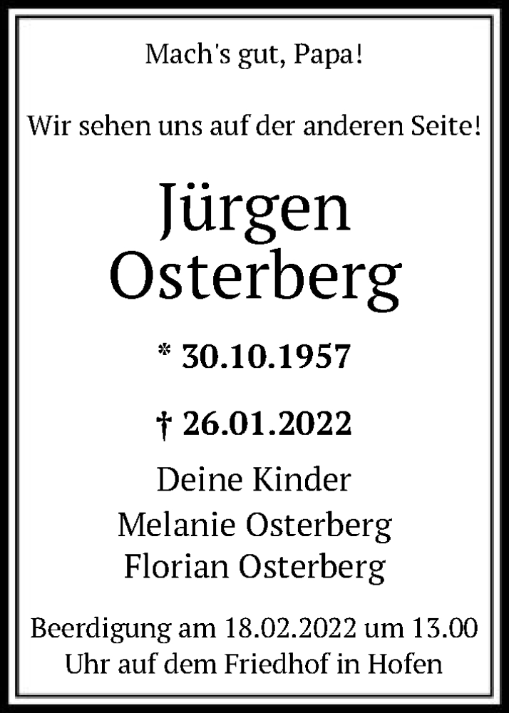 Traueranzeige für Jürgen Osterberg vom 17.02.2022 aus FNP