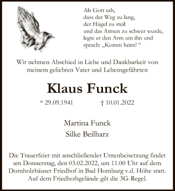 Traueranzeige von Klaus Funck von FNP