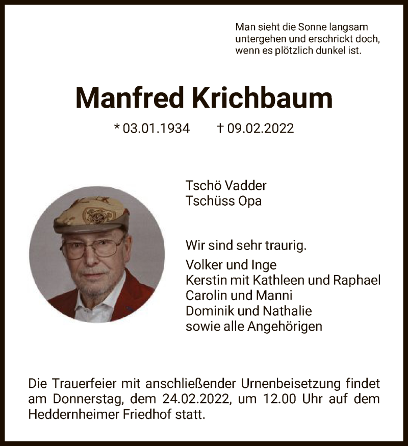  Traueranzeige für Manfred Krichbaum vom 17.02.2022 aus FNP