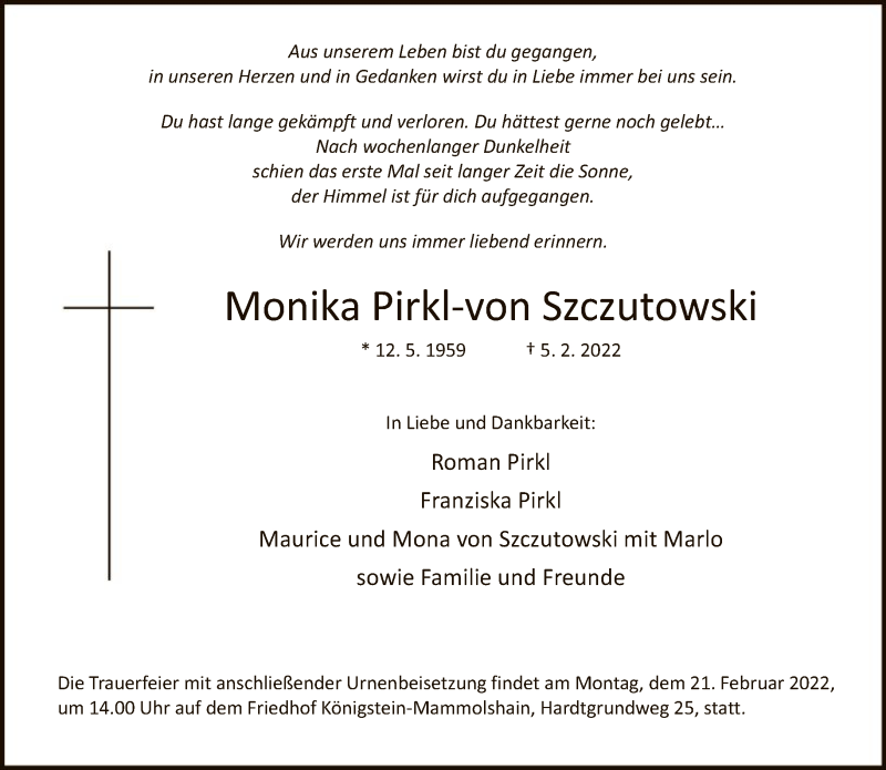 Traueranzeige für Monika Pirkl-von Szczutowski vom 12.02.2022 aus FNP