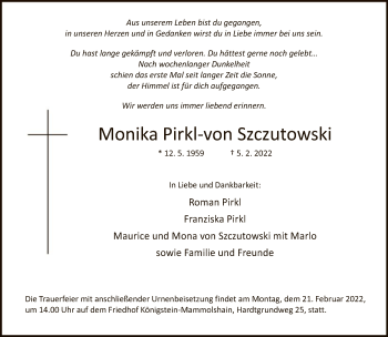 Traueranzeige von Monika Pirkl-von Szczutowski von FNP