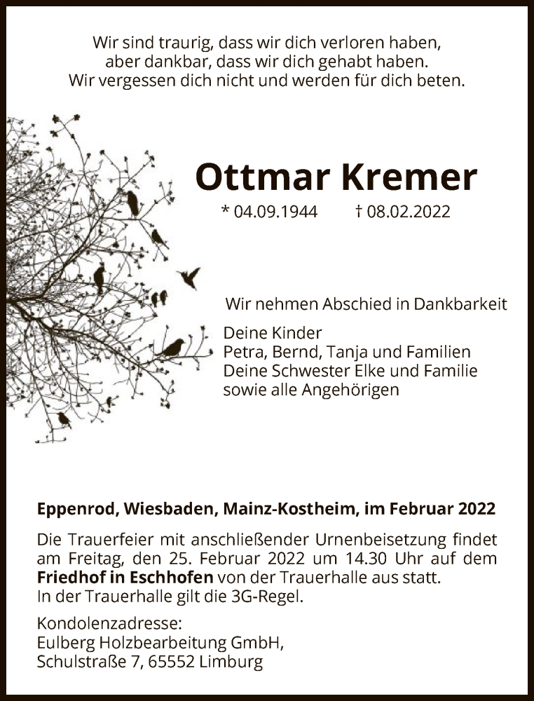  Traueranzeige für Ottmar Kremer vom 19.02.2022 aus FNP
