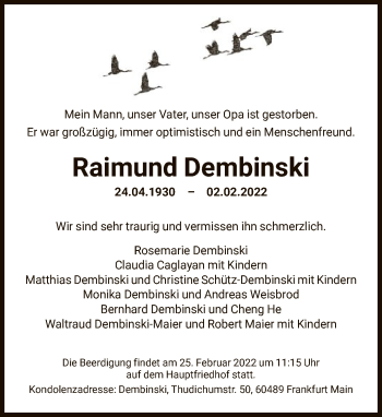 Traueranzeige von Raimund Dembinski von FNP