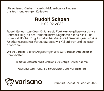 Traueranzeige von Rudolf Schoen von FNP