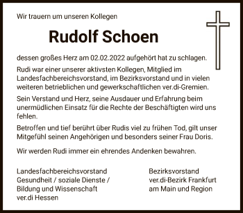 Traueranzeige von Rudolf Schoen von FNP