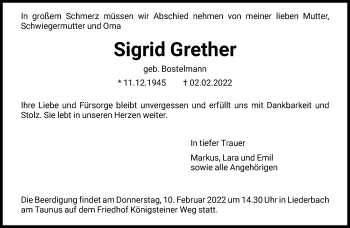 Traueranzeige von Sigrid Grether von FNP