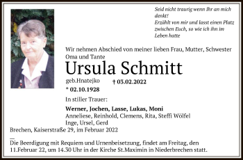 Traueranzeige von Ursula Schmitt von FNP