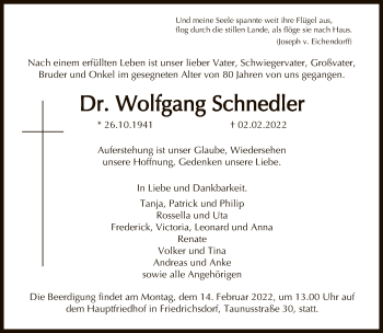 Traueranzeige von Wolfgang Schnedler von FNP