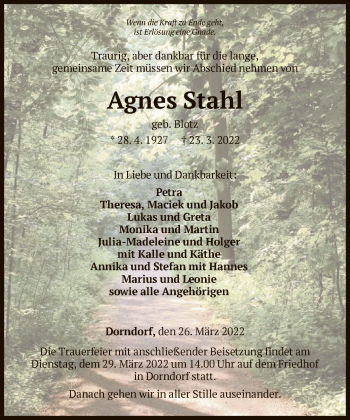 Traueranzeige von Agnes Stahl von FNP