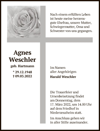 Traueranzeige von Agnes Weschler von FNP