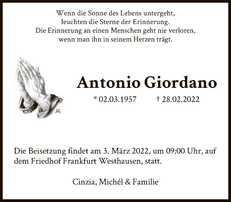  Traueranzeige für Antonio Giordano vom 03.03.2022 aus FNP