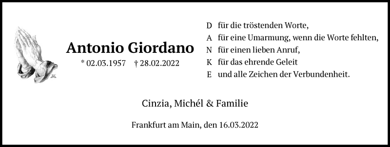  Traueranzeige für Antonio Giordano vom 16.03.2022 aus FNP