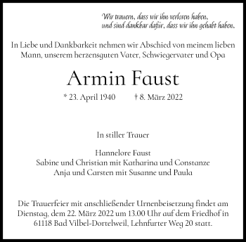 Traueranzeige von Armin Faust von FNP
