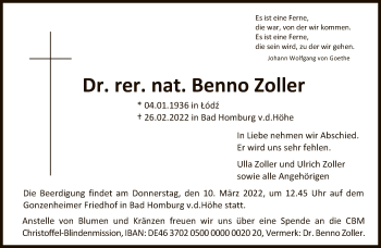 Traueranzeige von Benno Zoller von FNP