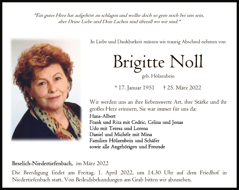  Traueranzeige für Brigitte Noll vom 30.03.2022 aus FNP