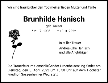 Traueranzeige von Brunhilde Hanisch von FNP