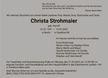 Traueranzeige von Christa Strohmaier von FNP