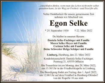 Traueranzeige von Egon Selke von FNP