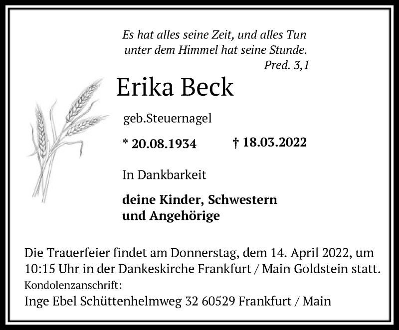  Traueranzeige für Erika Beck vom 28.03.2022 aus FNP