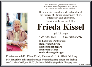 Traueranzeige von Frieda Kissel von FNP