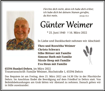 Traueranzeigen Von Günter Weimer | Trauer-rheinmain.de