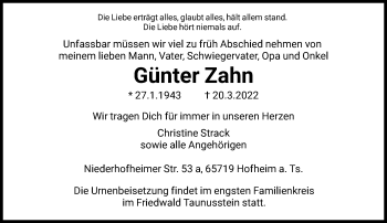 Traueranzeige von Günter Zahn von FNP