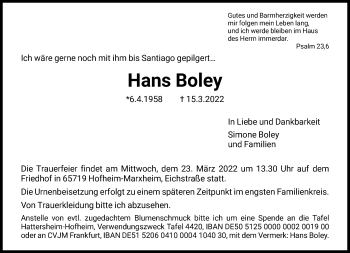 Traueranzeige von Hans Boley von FNP