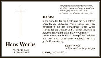 Traueranzeige von Hans Worbs von FNP