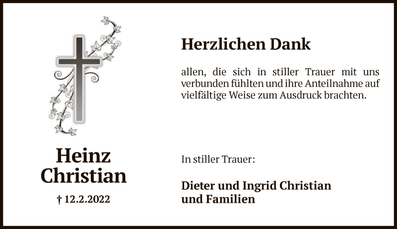 Traueranzeige für Heinz Christian vom 12.03.2022 aus FNP