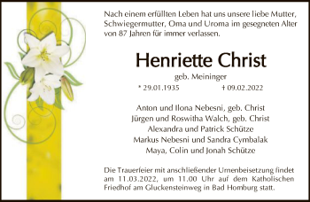 Traueranzeige von Henriette Christ von FNP