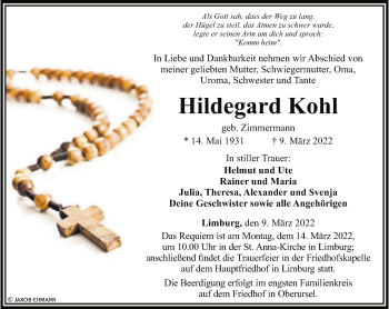 Traueranzeige von Hildegard Kohl von FNP