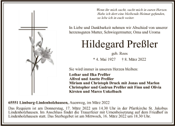 Traueranzeige von Hildegard Preßler von FNP