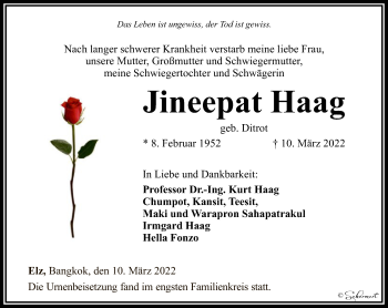 Traueranzeige von Jineepat Haag von FNP