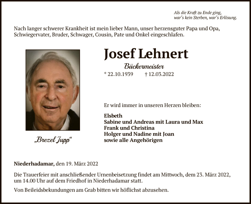  Traueranzeige für Josef Lehnert vom 19.03.2022 aus FNP