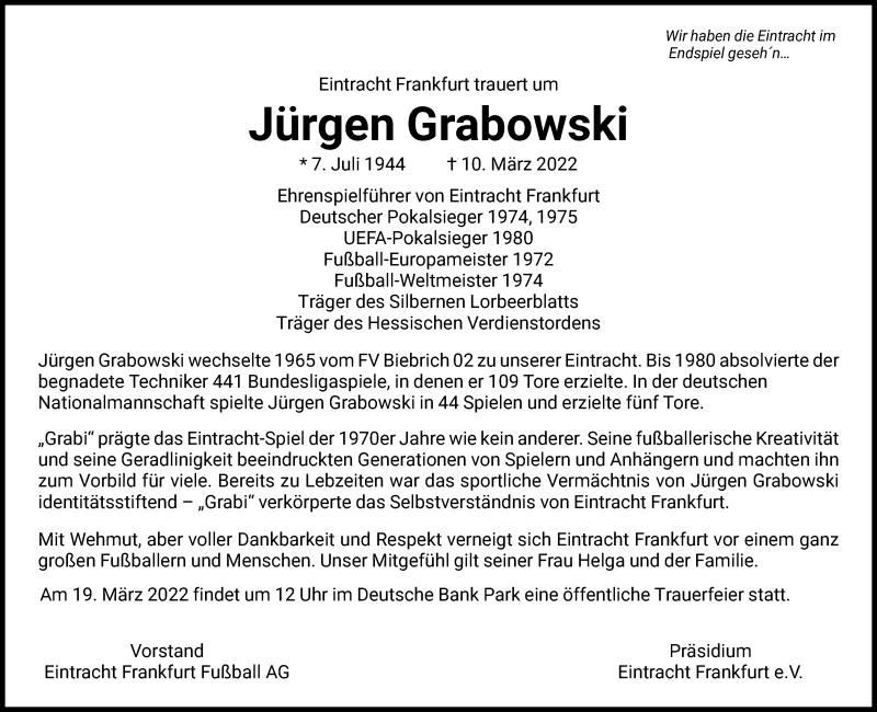  Traueranzeige für Jürgen Grabowski vom 17.03.2022 aus FNP