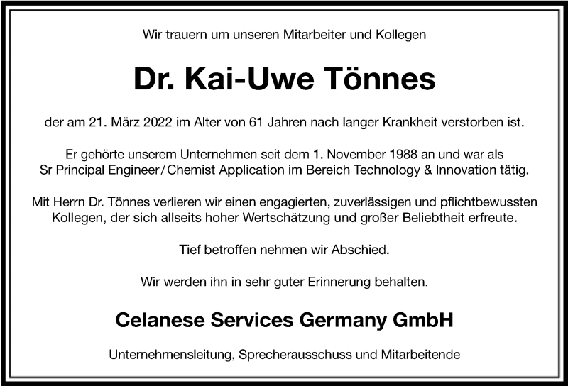  Traueranzeige für Kai-Uwe Tönnes vom 30.03.2022 aus FNP